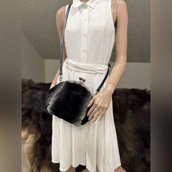 Black Gradient Handmade Real Rex Rabbit Fur Kiss-lock Shoulder Bag/Crossbody - Picture 10 of 14